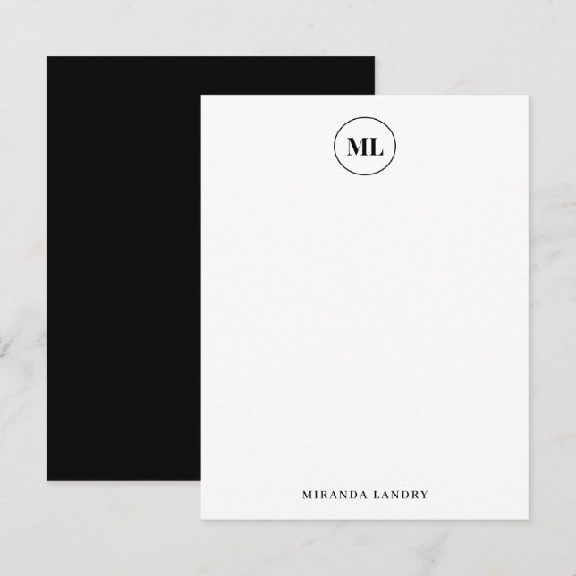 Elegant Black Circle Monogram Initialer Namn Anteckningskort (Fram/baksida)