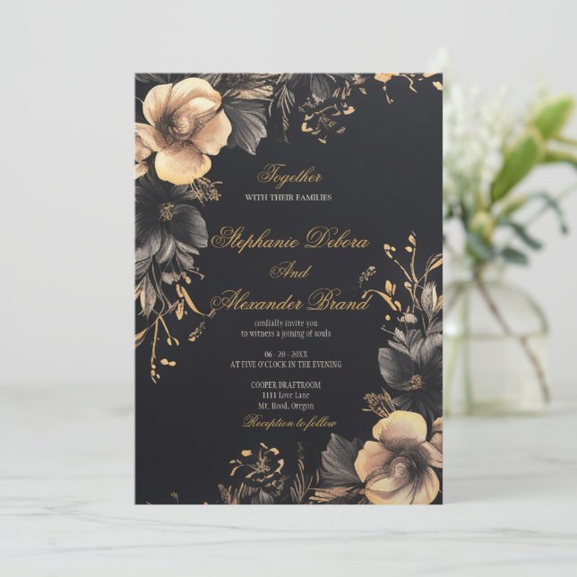 Elegant Black Classic Mörk Gothic Blommigt Bröllop Inbjudningar (Stående Fram)