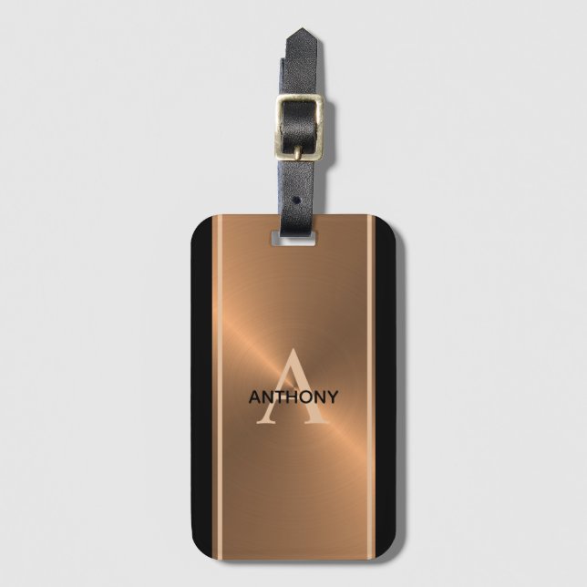 Elegant Black Copper Monogram Namn Manar Bagagebricka (Framsida vertikal)