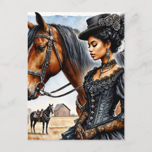 Elegant Black Cowgirl med vykort för häst