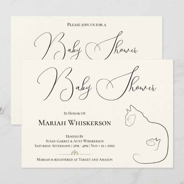 Elegant Black & Cream Cat Lover Baby Shower Inbjudningar (Fram/baksida)