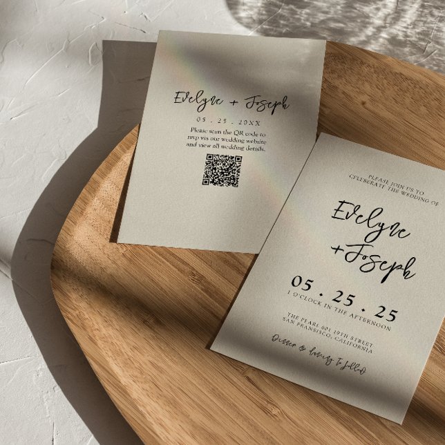 Elegant Black & Cream Minimal Boho QR-kod Bröllop Inbjudningar (Skapare uppladdad)