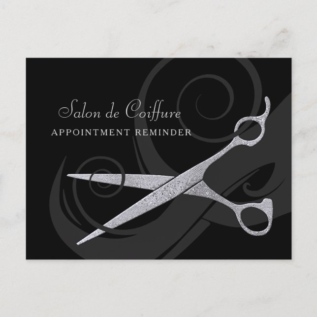 Elegant Black Curls Silver Scissors Möte Vykort (Framsida)