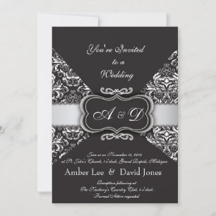 Elegant Black Damask and Silver bröllopsinbjudan Inbjudningar