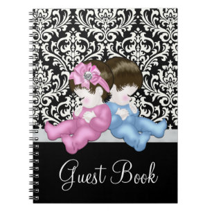Elegant Black Damask Baby Shower Guest Bok Anteckningsbok Med Spiral
