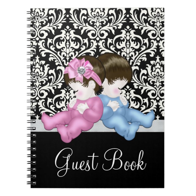Elegant Black Damask Baby Shower Guest Bok Anteckningsbok Med Spiral (Framsidan)