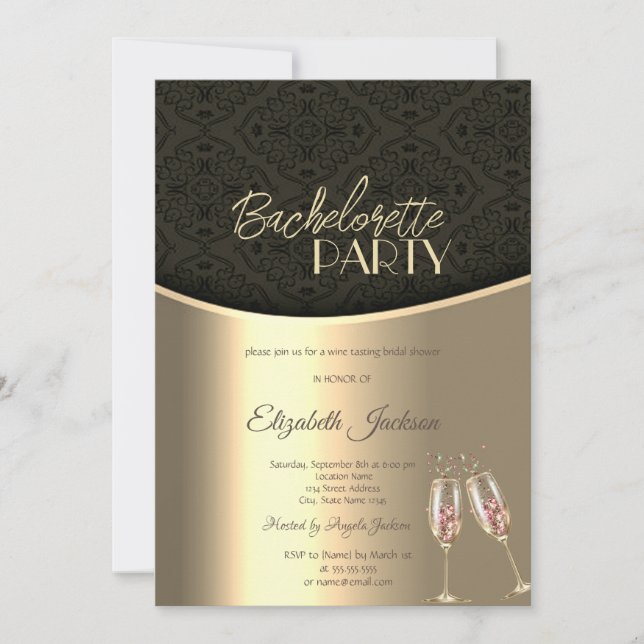 Elegant Black Damask Guld Bachelorette Inbjudningar (Framsida)