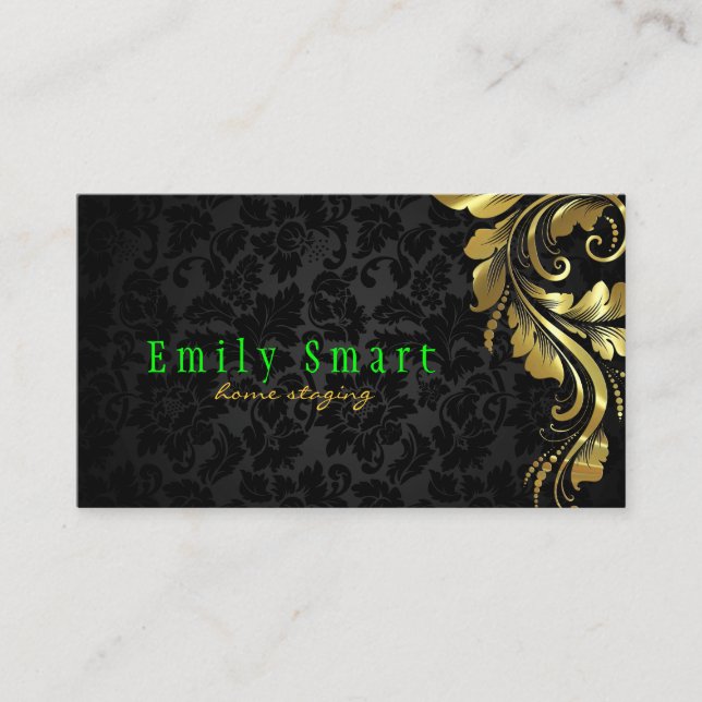 Elegant Black Damask Guld Blommigt Snöre 4 Visitkort (Framsida)