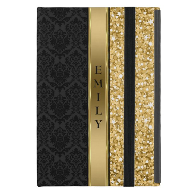 Elegant Black Damask Guld Glitter iPad Mini Skydd (Framsidan Closed)