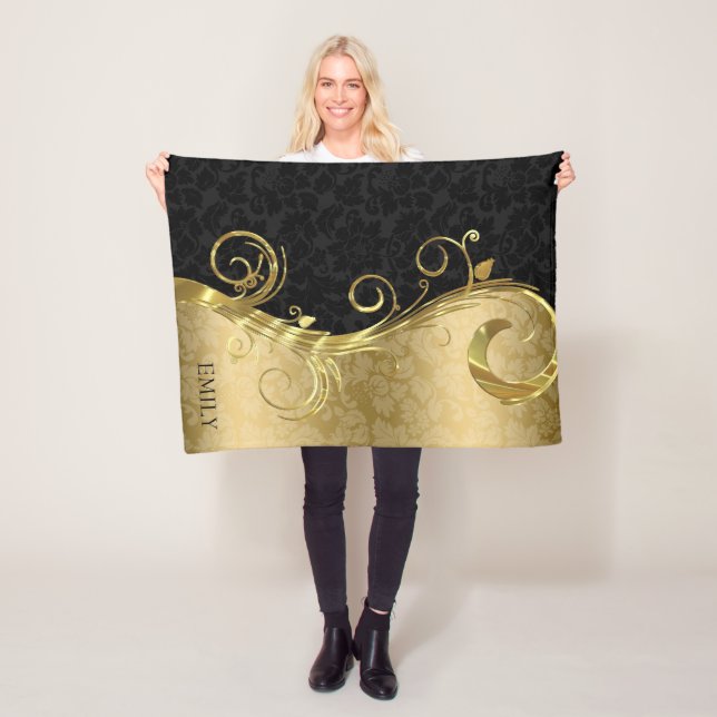 Elegant Black Damask Guld Swirls Fleecefilt (På plats)