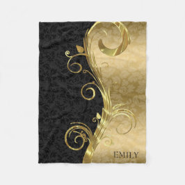 Elegant Black Damask Guld Swirls Fleecefilt
