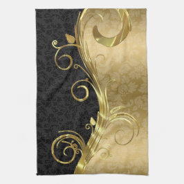 Elegant Black Damask Guld Swirls Kökshandduk