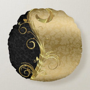 Elegant Black Damask Guld Swirls Rund Kudde