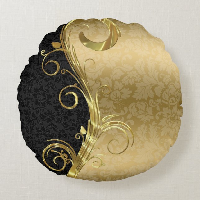 Elegant Black Damask Guld Swirls Rund Kudde (Framsidan)