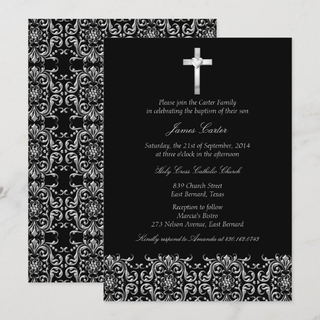 Elegant Black Damask & Kor Baptism/Christening Inbjudningar (Fram/baksida)