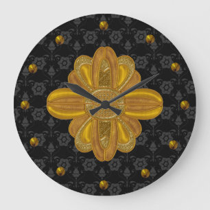 Elegant Black Damask med Guld Wall Clock Stor Klocka