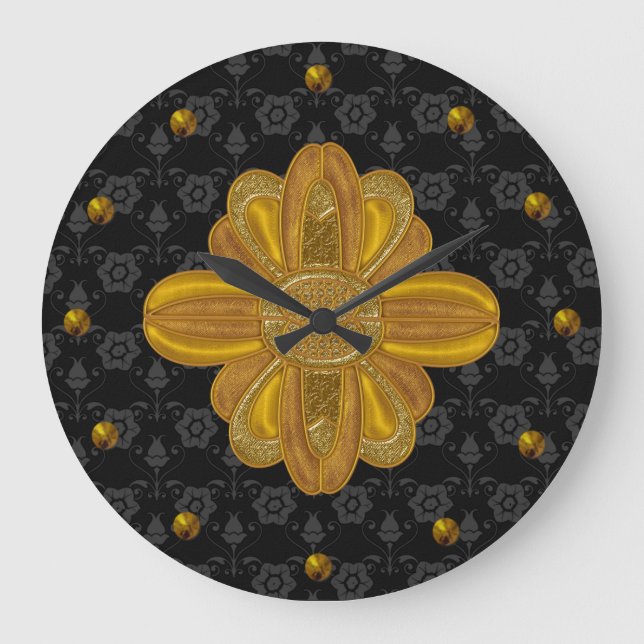Elegant Black Damask med Guld Wall Clock Stor Klocka (Framsida)