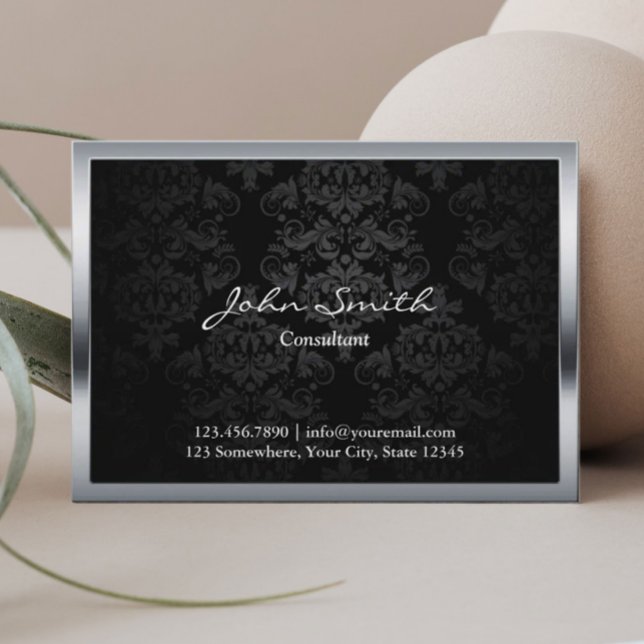 Elegant Black Damask Metall-ram Visitkort (Skapare uppladdad)