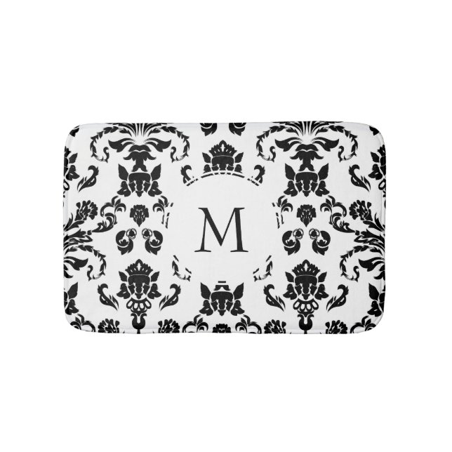 Elegant Black Damask Monogram Badrumsmatta (Framsidan)