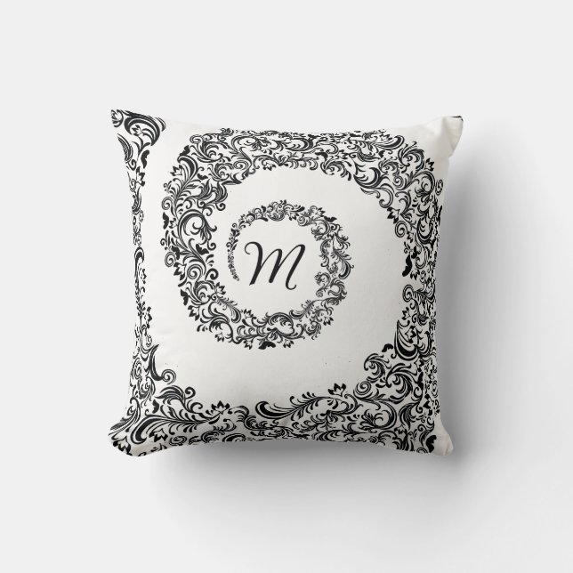 Elegant Black Damask Monogram Kudde (Framsida)