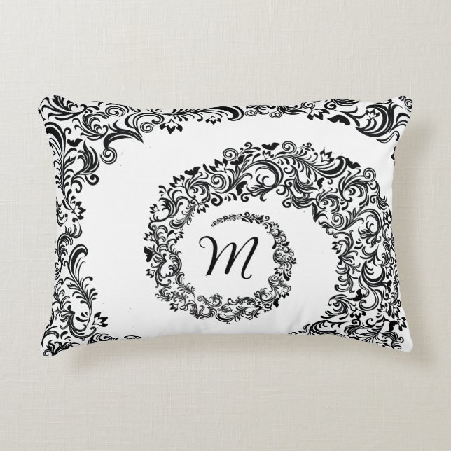 Elegant Black Damask Monogram Prydnadskudde (Framsidan)