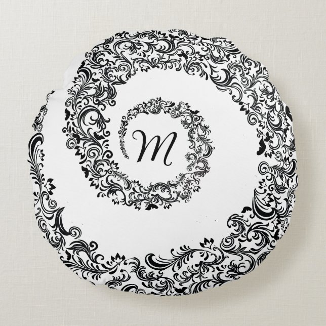 Elegant Black Damask Monogram Rund Kudde (Framsidan)