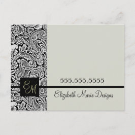 Elegant Black Damask Monogrammed Business Vykort