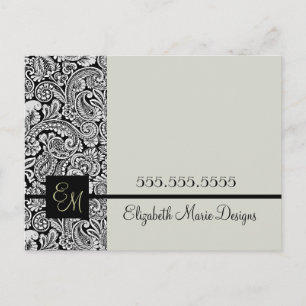 Elegant Black Damask Monogrammed Business Vykort