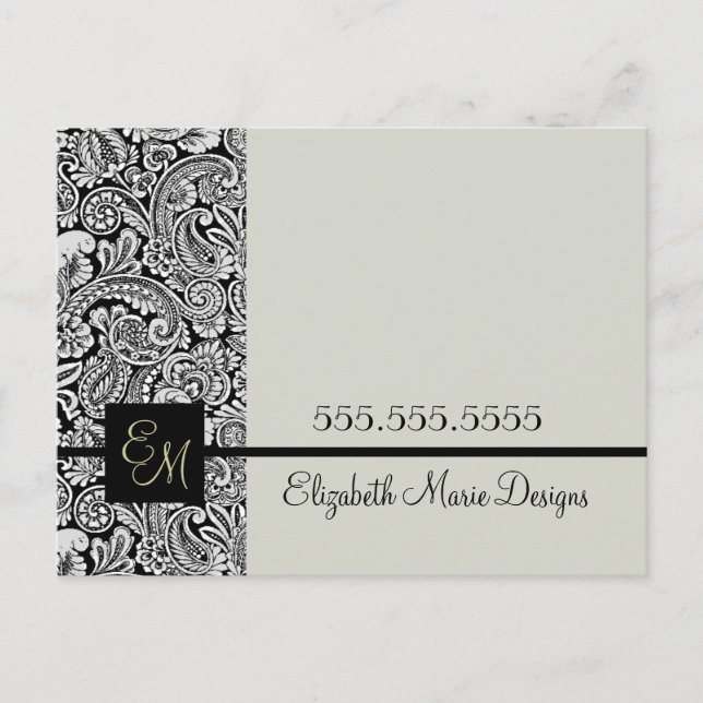 Elegant Black Damask Monogrammed Business Vykort (Framsida)