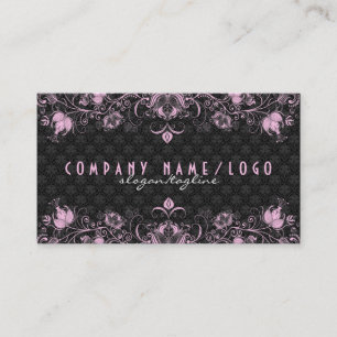 Elegant Black Damask & Pastel Rosa Blommigt Skärm Visitkort