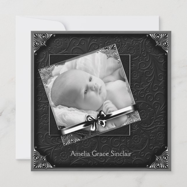 Elegant Black Damask Photo Birth-meddelande Meddelande (Framsida)