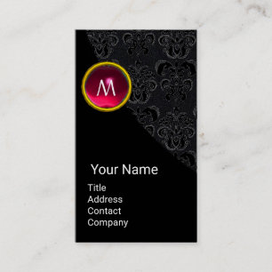 ELEGANT BLACK DAMASK ROSA RUBY GEMSTONE MONOGRAM VISITKORT