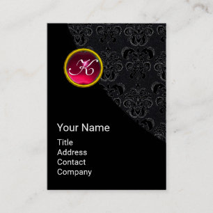 ELEGANT BLACK DAMASK ROSA RUBY GEMSTONE MONOGRAM VISITKORT