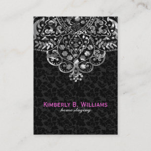 Elegant Black Damask Silver Metallic Vintage Snöre Visitkort