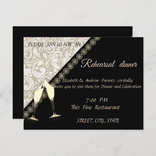 Elegant Black,Damask Weddi Rehearsal Middag Inbjudningar (Fram/baksida)