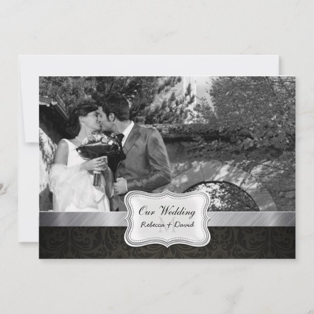 Elegant Black Damask Wedding Photo inbjudningskort (Framsida)