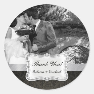 Elegant Black Damask Wedding Photo Tack Runt Klistermärke