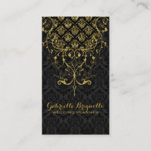 Elegant Black Damasks & Guld Blommigt Snöre Ram Visitkort