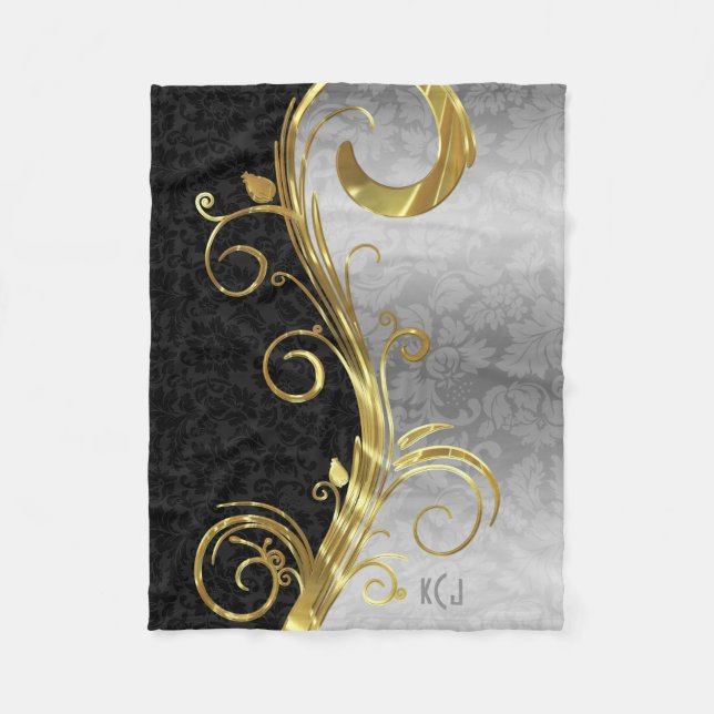 Elegant Black Damasks Guld & Silver Swirls Fleecefilt (Framsidan)