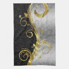Elegant Black Damasks Guld & Silver Swirls Kökshandduk