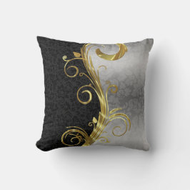 Elegant Black Damasks Guld & Silver Swirls Kudde