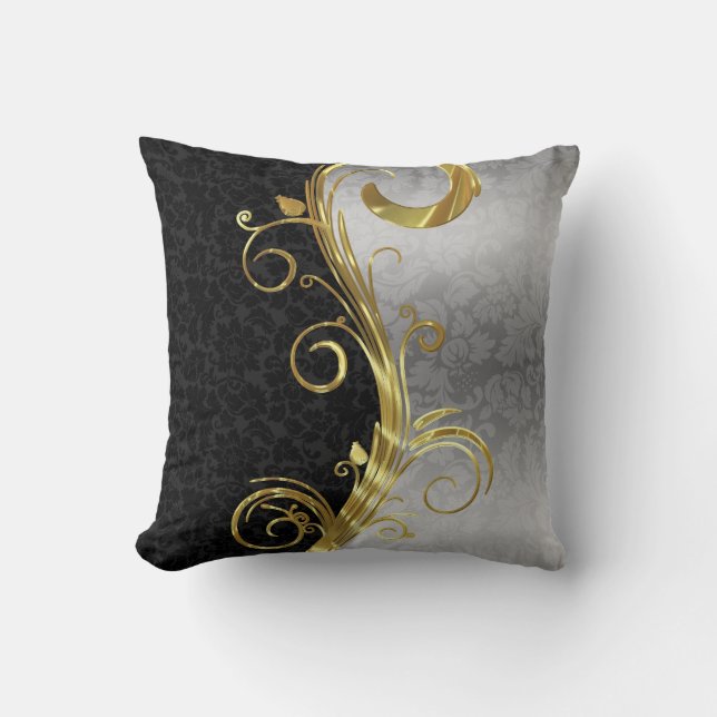 Elegant Black Damasks Guld & Silver Swirls Kudde (Framsida)