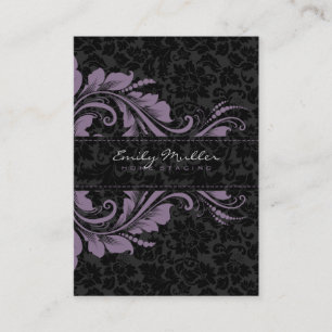 Elegant Black Damasks & Lila Blommigt Ornament Visitkort