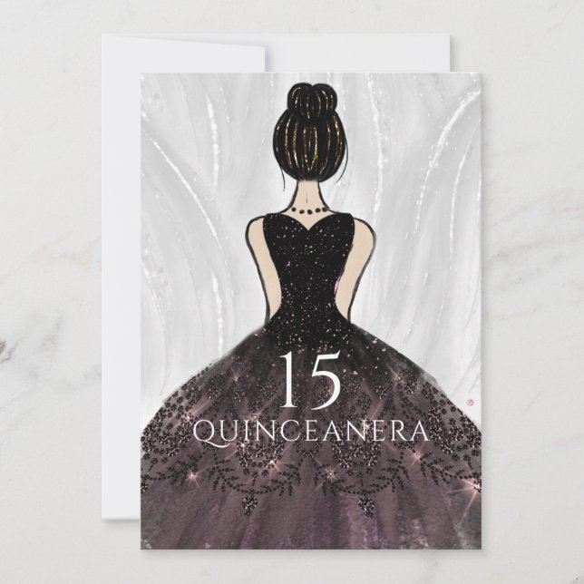 Elegant Black Dress Gown Quinceanera Party Inbjudningar (Framsida)