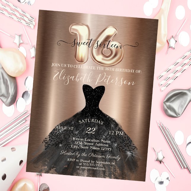 Elegant Black Dress Metallic Sweet 16 Party Inbjudningar (Skapare uppladdad)