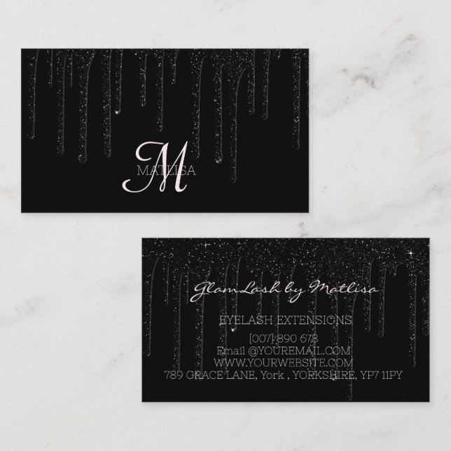 Elegant Black Dripping Monogram Glitter Salon-drop Visitkort (Fram/baksida)