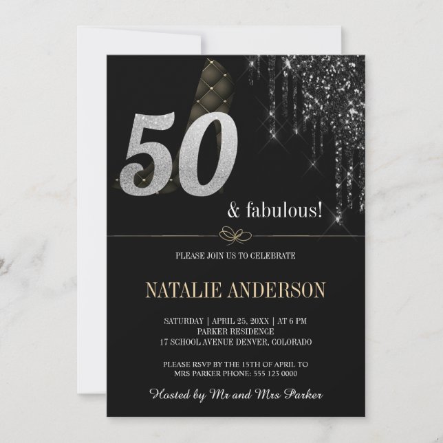 Elegant Black Dripss Silver Glitter 50:e Inbjudningar (Framsida)