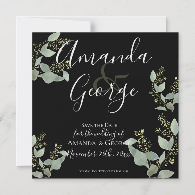 Elegant Black Eucalyptus Löv Save Date Magnetisk Inbjudningskort (Framsida)
