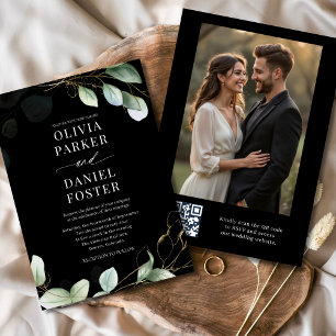 Elegant Black Eucalyptus QR Code Photo Bröllop Inbjudningar