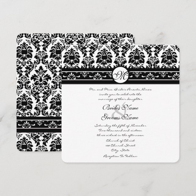Elegant Black Faux Engraved Blommigt Damask Weddin Inbjudningar (Fram/baksida)